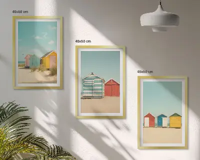 Wall art set colorful houses by the beach with sun