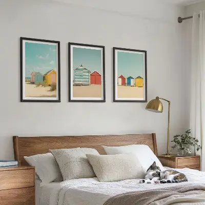 Wall art set colorful houses by the beach with sun