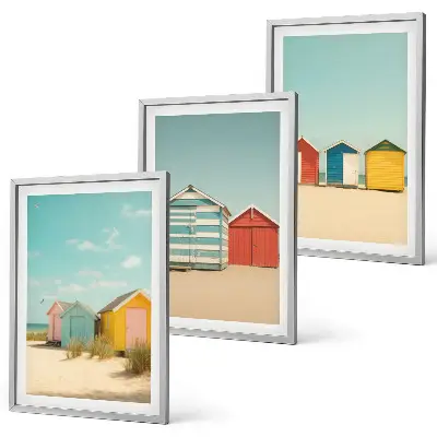 Wall art set colorful houses by the beach with sun
