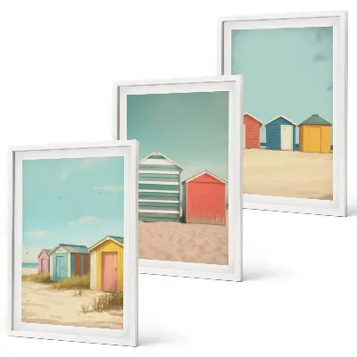 Three-piece wall art set colorful houses beach and sun scene