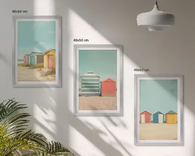 Three-piece wall art set colorful houses beach and sun scene