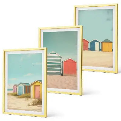 Three-piece wall art set colorful houses beach and sun scene