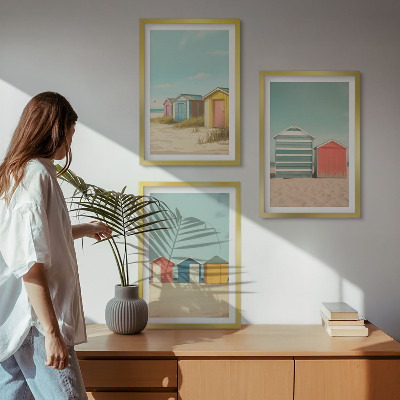 Three-piece wall art piece Colorful houses beach sun