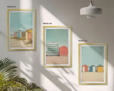 Three-piece wall art set colorful houses beach and sun scene