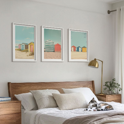 Three-piece wall art piece Colorful houses beach sun
