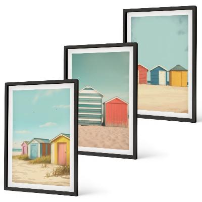 Three-piece wall art piece Colorful houses beach sun