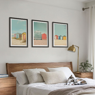 Three-piece wall art piece Colorful houses beach sun