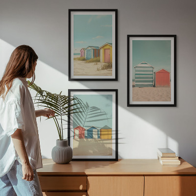 Three-piece wall art piece Colorful houses beach sun