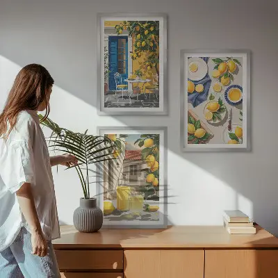 Lemon Garden with Drinks wall art set of 3 framed pieces