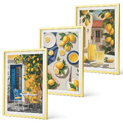 Lemon Garden with Drinks wall art set of 3 framed pieces