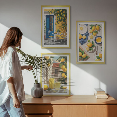 Set of 3 framed wall art pieces Lemon Garden with Drinks