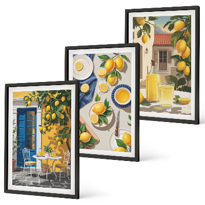 Set of 3 framed wall art pieces Lemon Garden with Drinks