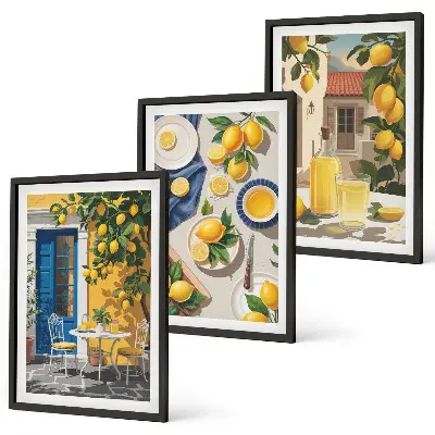 Lemon Garden with Drinks wall art set of 3 framed pieces
