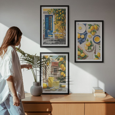 Set of 3 framed wall art pieces Lemon Garden with Drinks
