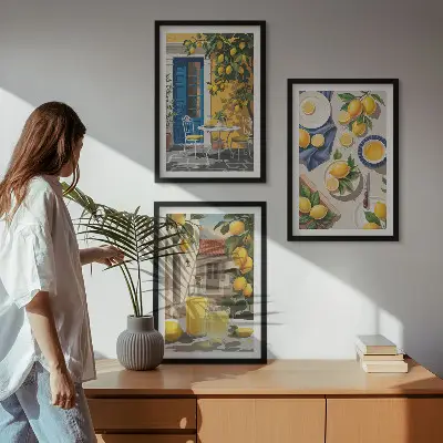 Lemon Garden with Drinks wall art set of 3 framed pieces