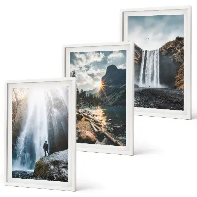 Wall art set featuring waterfalls, mountains, and nature landscapes