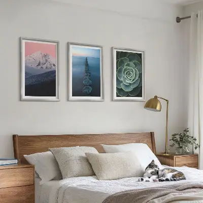 Three-piece wall art set featuring mountains under a pink sky with lake and succulent plants