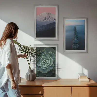Three-piece wall art set featuring mountains under a pink sky with lake and succulent plants