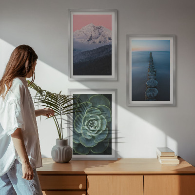 Three-piece wall art piece Mountains pink sky water succulent