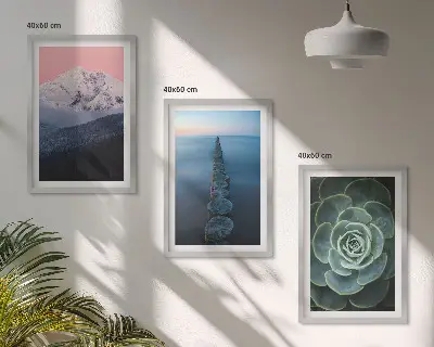 Three-piece wall art set featuring mountains under a pink sky with lake and succulent plants