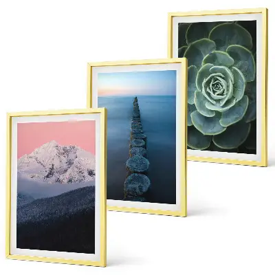 Three-piece wall art set featuring mountains under a pink sky with lake and succulent plants