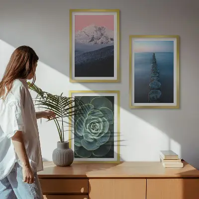 Three-piece wall art set featuring mountains under a pink sky with lake and succulent plants