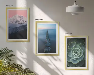 Three-piece wall art set featuring mountains under a pink sky with lake and succulent plants