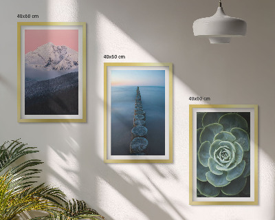 Three-piece wall art piece Mountains pink sky water succulent