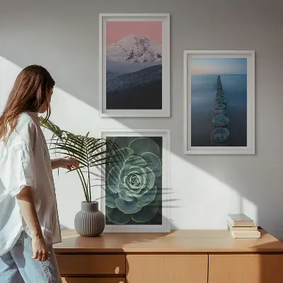 Three-piece wall art set featuring mountains under a pink sky with lake and succulent plants