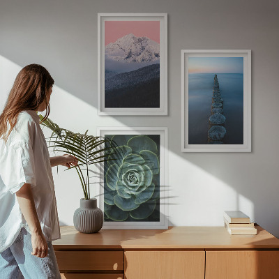 Three-piece wall art piece Mountains pink sky water succulent