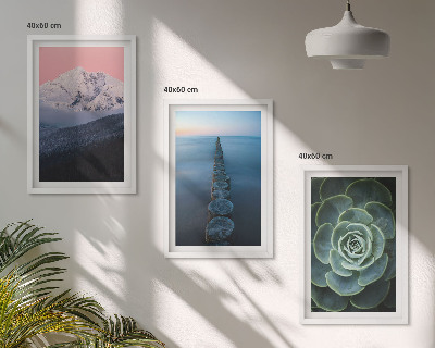 Three-piece wall art piece Mountains pink sky water succulent