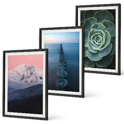 Three-piece wall art set featuring mountains under a pink sky with lake and succulent plants