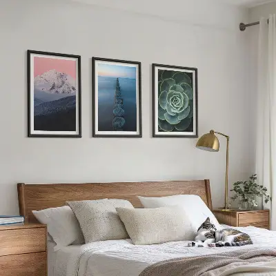 Three-piece wall art set featuring mountains under a pink sky with lake and succulent plants