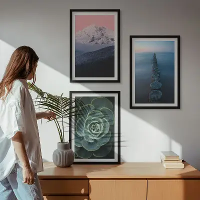Three-piece wall art set featuring mountains under a pink sky with lake and succulent plants