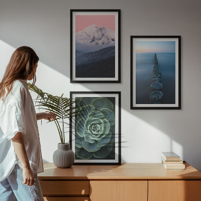 Three-piece wall art piece Mountains pink sky water succulent