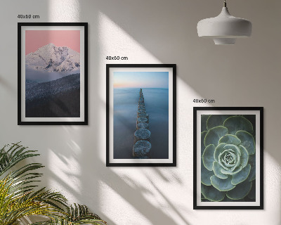 Three-piece wall art piece Mountains pink sky water succulent