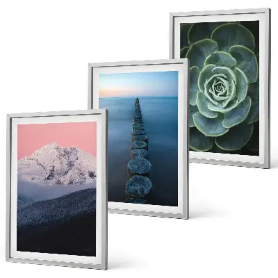 Three-piece wall art set featuring mountains under a pink sky with lake and succulent plants
