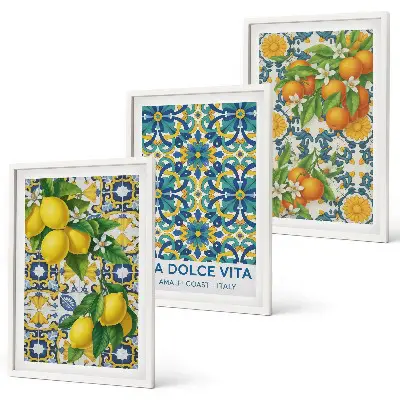 Set of 3 framed wall art prints featuring lemons, oranges, and flowers in an Italian style