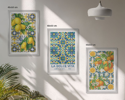 Set of 3 framed wall art pieces Lemons, oranges, flowers, Italy