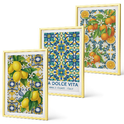 Set of 3 framed wall art pieces Lemons, oranges, flowers, Italy