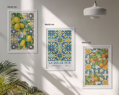Set of 3 framed wall art pieces Lemons, oranges, flowers, Italy