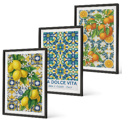 Set of 3 framed wall art pieces Lemons, oranges, flowers, Italy