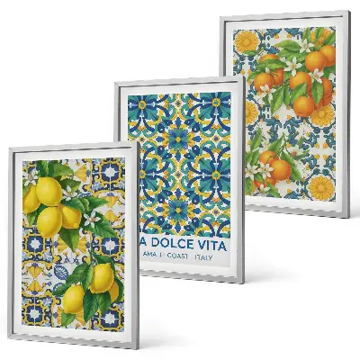 Set of 3 framed wall art prints featuring lemons, oranges, and flowers in an Italian style