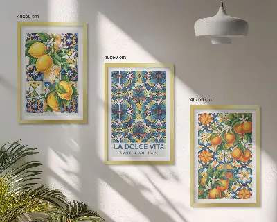 Wall art set with lemon and orange blossom patterns