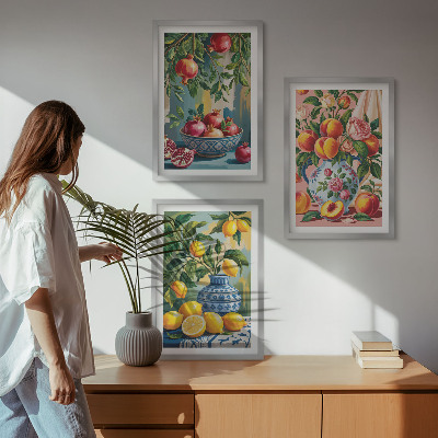 Set of 3 framed wall art pieces Fruit compositions of pomegranates