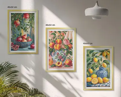 Fruit compositions of pomegranates wall art set of 3 framed pieces