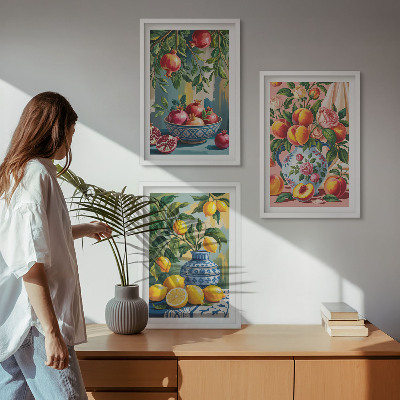 Set of 3 framed wall art pieces Fruit compositions of pomegranates