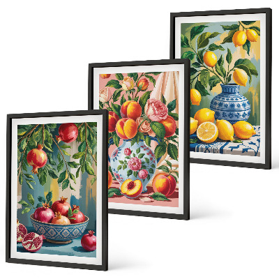 Set of 3 framed wall art pieces Fruit compositions of pomegranates