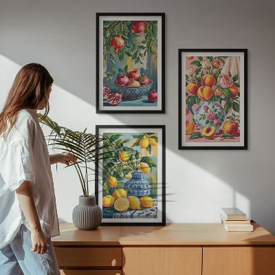 Set of 3 framed wall art pieces Fruit compositions of pomegranates