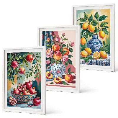 Three-piece wall art piece Flowers and fruit in vases